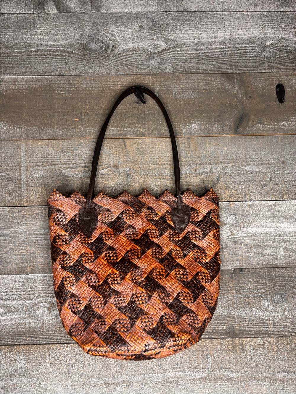 Handmade Woven Leather Tote Bag - Brown Two-Tone